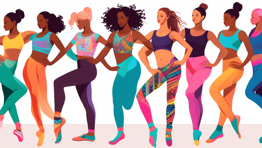 Create an image of a diverse group of dancers showcasing 10 different trendy must-have dancewear items such as crop tops, leggings, dance shoes, leotards, and accessories like leg warmers and hair ties. Each dancer should be in a dynamic pose that hi
