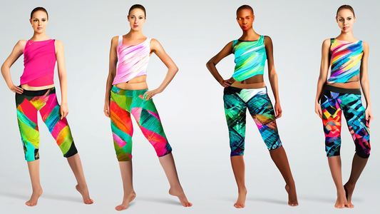Create an image of a vibrant and innovative dancewear collection made entirely from eco-friendly fabrics such as bamboo, recycled polyester, and organic cotton. The design should showcase the stylish and functional aspect of the dancewear, highlighti