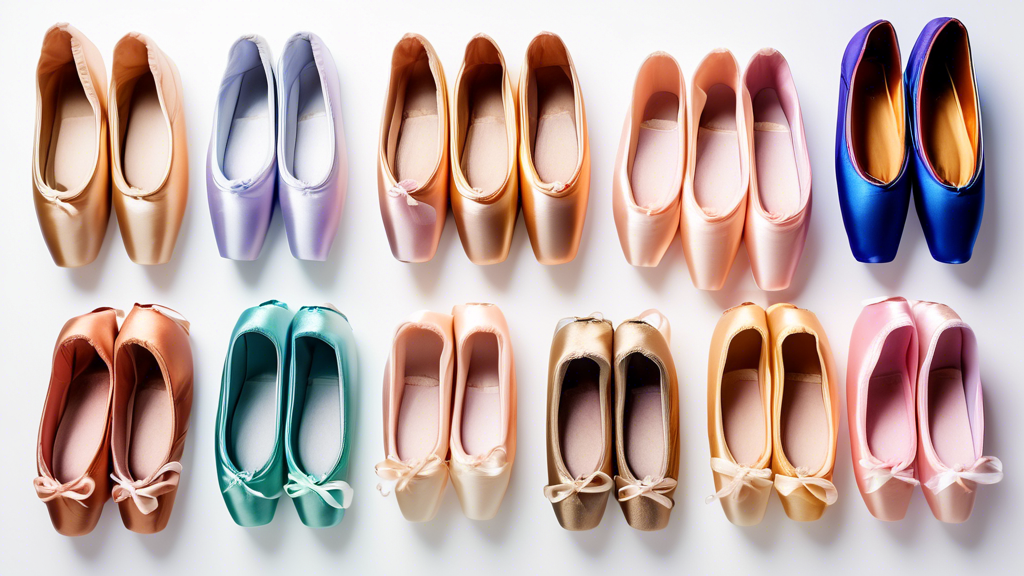 A close-up of a variety of pointe shoes in an array of colors against a white background.