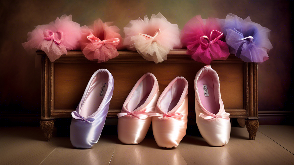 Create an image of a beautiful display of ballet slippers in various colors and styles, showcased in a vibrant and well-lit boutique setting. The image should capture detailed close-ups of the different textures and designs of the ballet slippers, hi