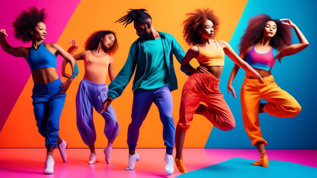 A group of diverse dancers performing various dance styles, including tap, ballet, hip-hop, and modern, in a vibrant and dynamic composition that captures the essence of versatility and rhythm.