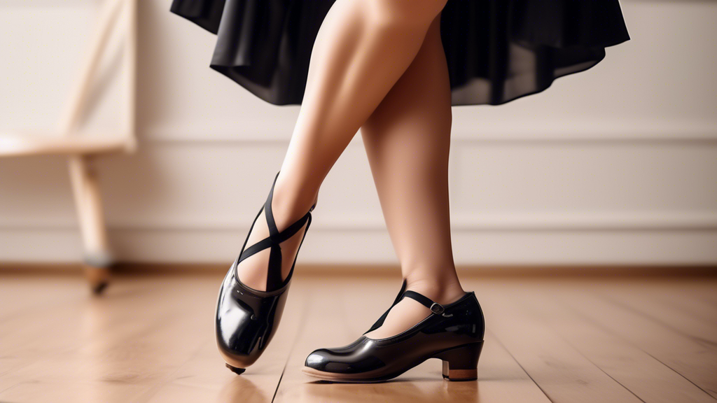 A photograph of a woman wearing tap shoes with varying heel heights, from flats to high heels. The background should be a dance studio with mirrors and a wooden floor. The woman should be posed in a g