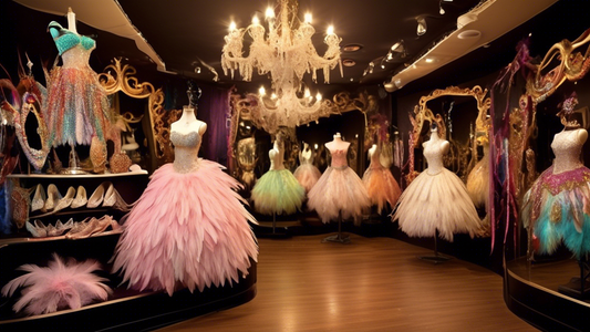 Create an image of a whimsical and vibrant boutique filled with an array of rare dance accessories, such as sparkling tiaras, sequined shoes, ornate arm cuffs, shimmering feathers, and glittering masks. The shop should be enchanting and visually stun