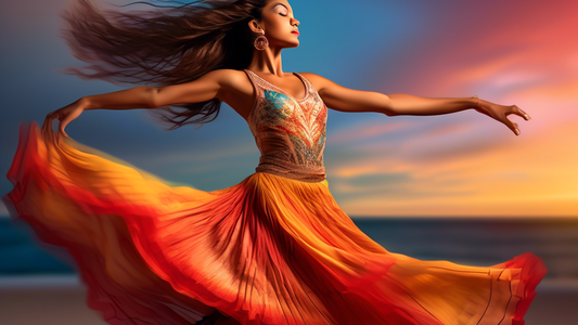 A photorealistic depiction of a Latin dancer wearing a flowing, flattering skirt that accentuates their movements. The skirt should be vibrant, colorful, and adorned with intricate details. The dancer