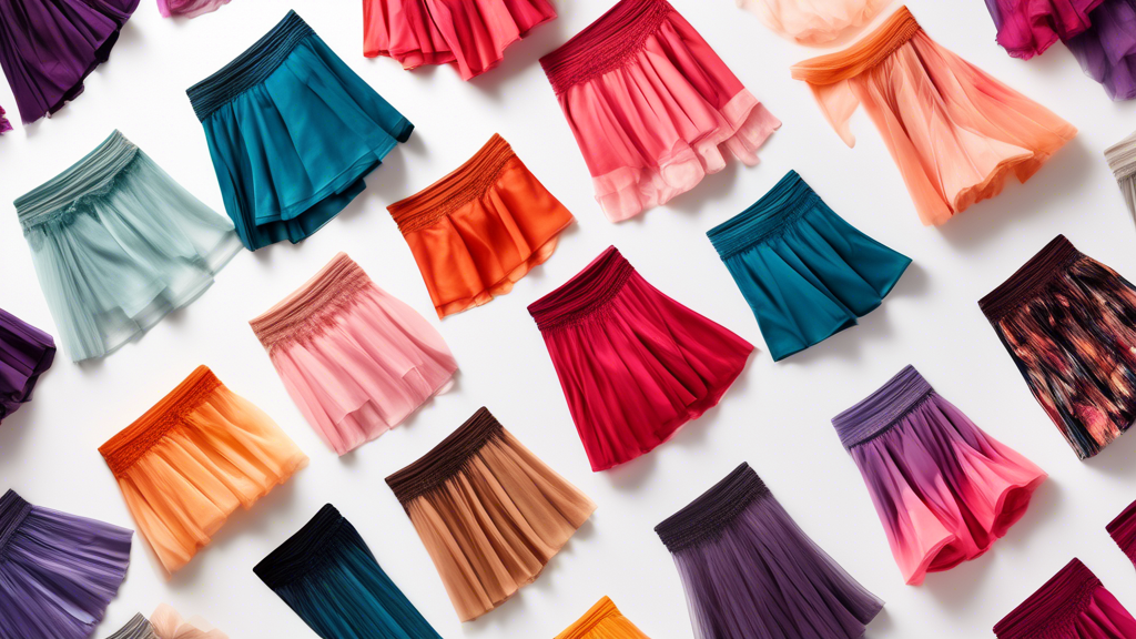 A collage of trendy dance skirts in a variety of colors, styles, and lengths, shot from above on a white background. The skirts are arranged in a way that creates a dynamic and eye-catching compositio