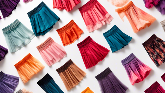 A collage of trendy dance skirts in a variety of colors, styles, and lengths, shot from above on a white background. The skirts are arranged in a way that creates a dynamic and eye-catching compositio
