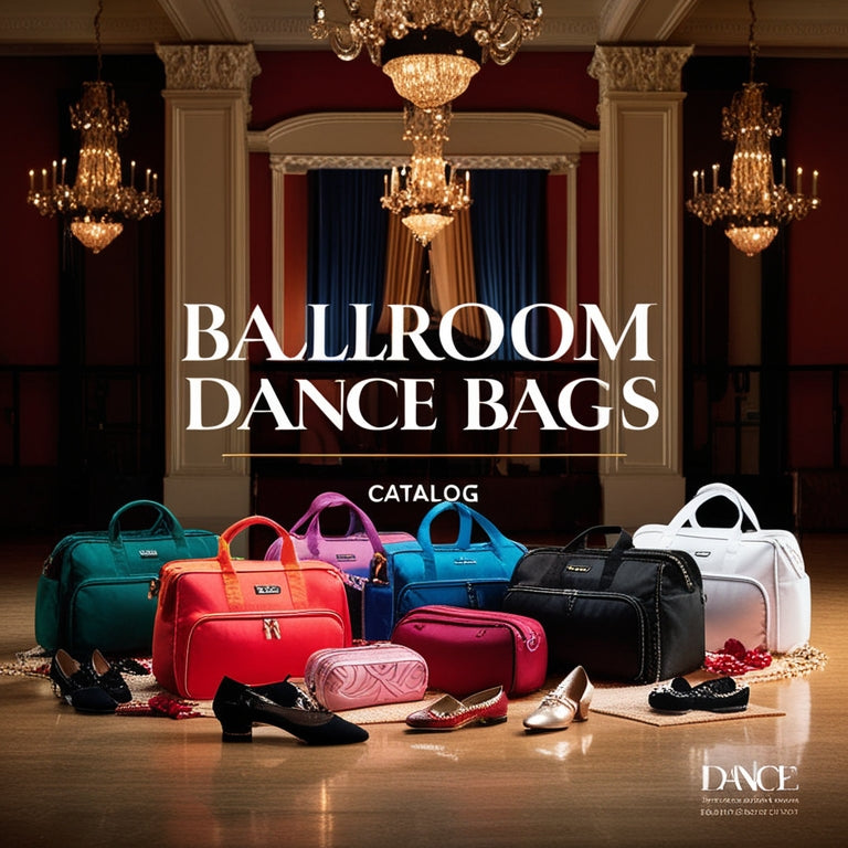 A beautifully lit, ornate dance studio with a collection of elegant ballroom dance bags in the foreground, showcasing various styles, colors, and designs, with shoes and accessories scattered around them.