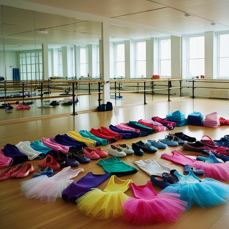 A bright, airy studio filled with rows of dance bars, mirrored walls, and a colorful array of leotards, tutus, and dance shoes scattered on the floor.