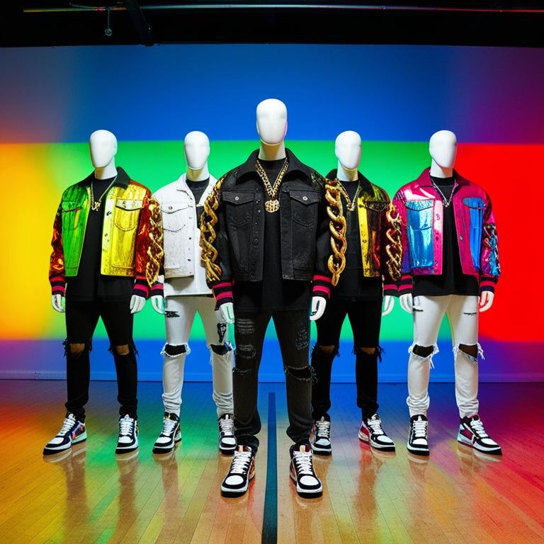 A brightly lit, bold-colored dance studio background with 5 mannequins dressed in trendy hip hop outfits, showcasing flashy jackets, distressed denim, bold sneakers, and oversized gold chain accessories.