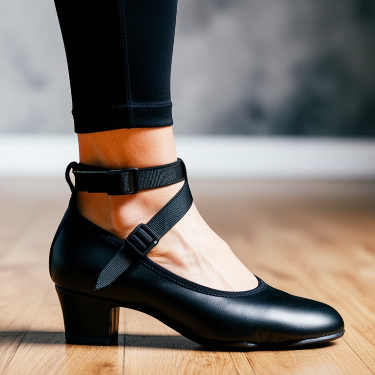 A close-up of a dancer's foot wearing a sleek, high-top dance shoe with a sturdy ankle strap and a chunky heel, set against a blurred studio background with a wooden floor.