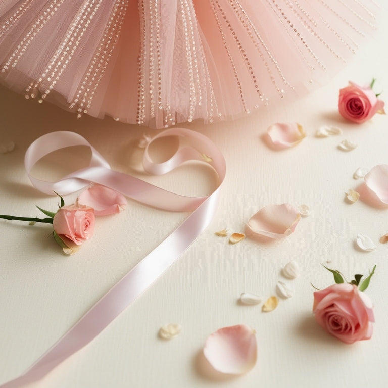 A close-up of a delicate, hand-beaded, pale pink tutu, surrounded by scattered rose petals and a few loose strands of satin ribbon, against a soft, creamy background.