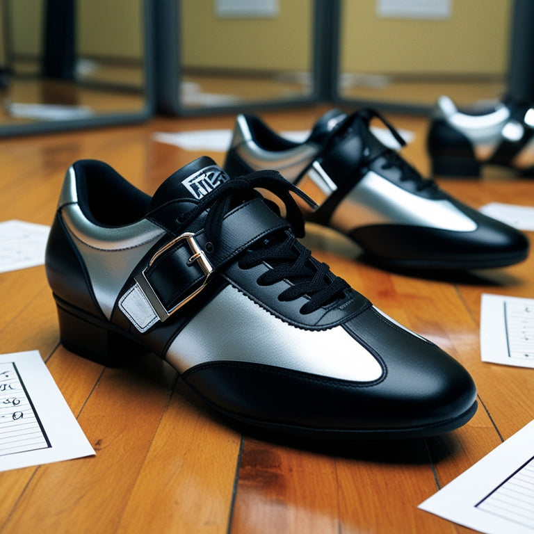 A close-up of a pair of sleek, black and silver dance shoes with metallic buckles, laces untied, sitting on a wooden floor amidst scattered dance studio mirrors and scattered hip-hop dance moves notation sheets.