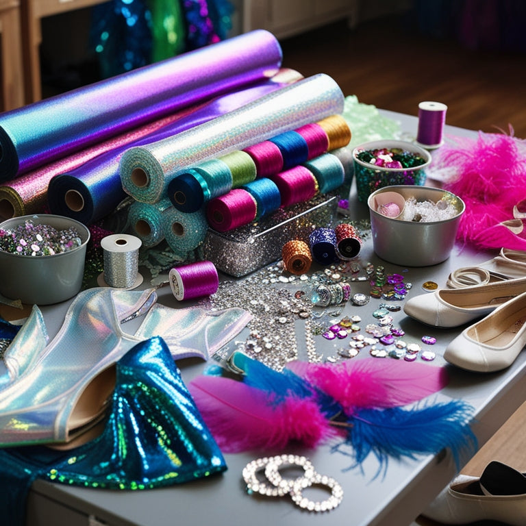 A cluttered craft table with rolls of iridescent fabrics, spools of glittering thread, and bins of rhinestones, sequins, and feathers, surrounded by half-finished DIY dance costumes and scattered dance shoes.