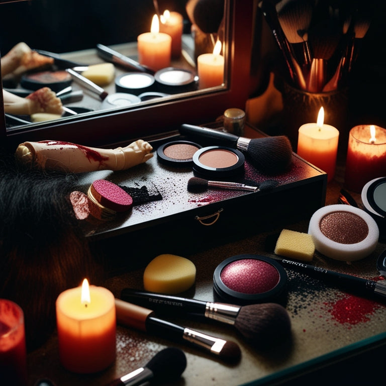 A cluttered, dimly lit vanity table with scattered costume makeup supplies: prosthetic limbs, fake blood, glittering eyeshadows, and an assortment of wigs, brushes, and sponges, surrounded by eerie, flickering candles.