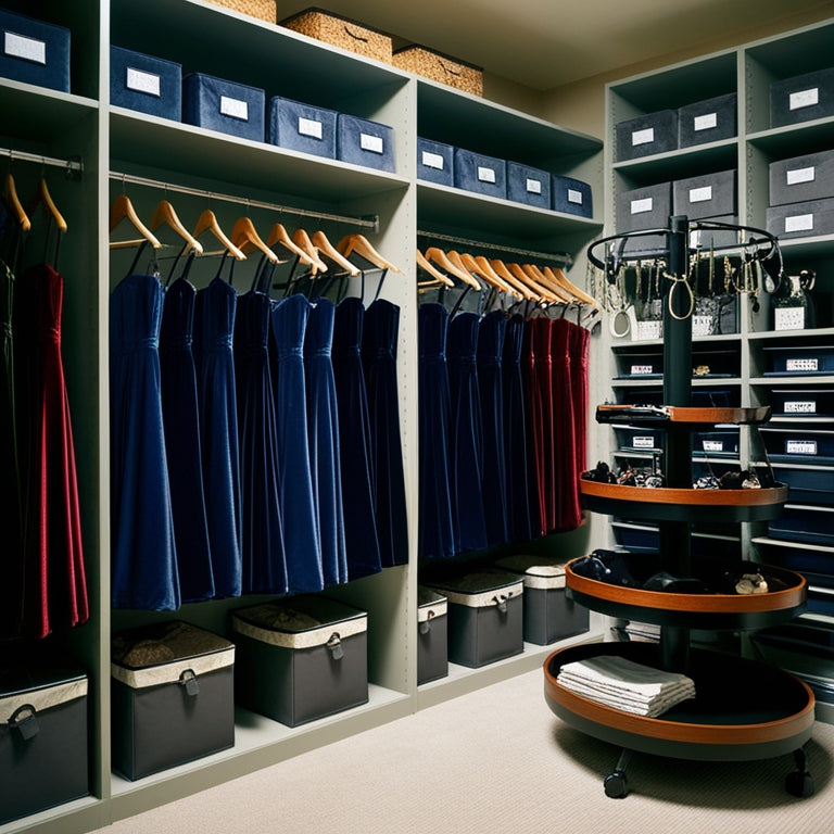 A clutter-free closet with rows of hanging costumes on velvet-covered garment bags, shelves stacked with labeled storage bins, and a rotating costume rack with hooks for accessories.