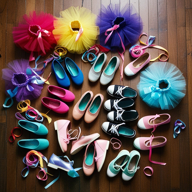 A colorful arrangement of various children's dance shoes, including ballet slippers, tap shoes, and jazz sneakers, scattered on a wooden floor, surrounded by dance-themed accessories like tutus and ribbons.