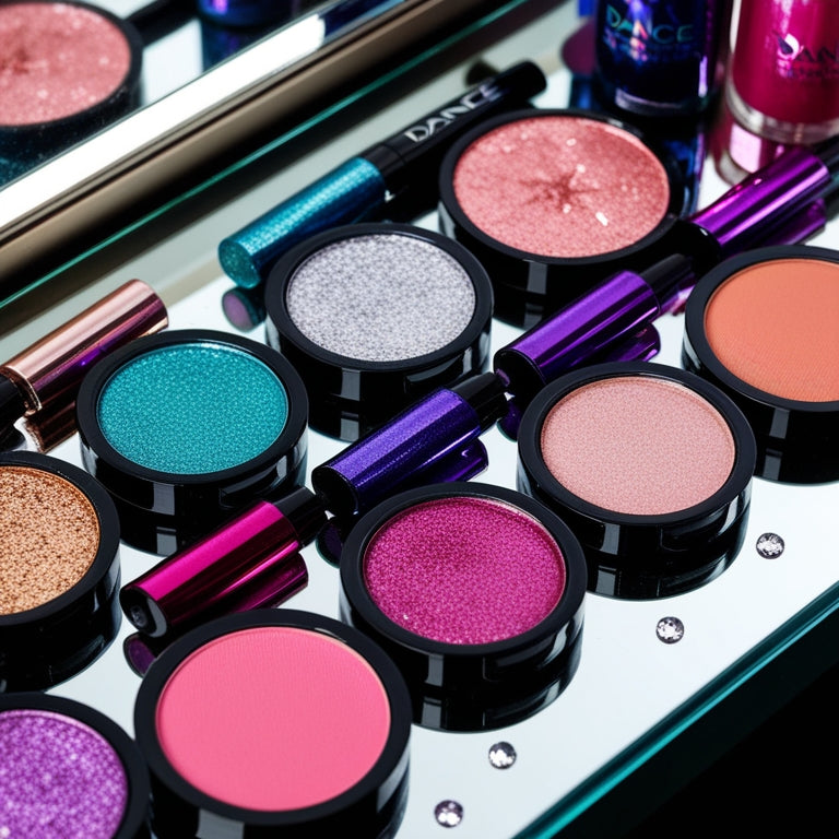 A colorful, close-up arrangement of various dance makeup products, including glitter eyeshadows, shimmer lip glosses, and vibrant blushes, scattered across a mirrored vanity with a few scattered rhinestones.