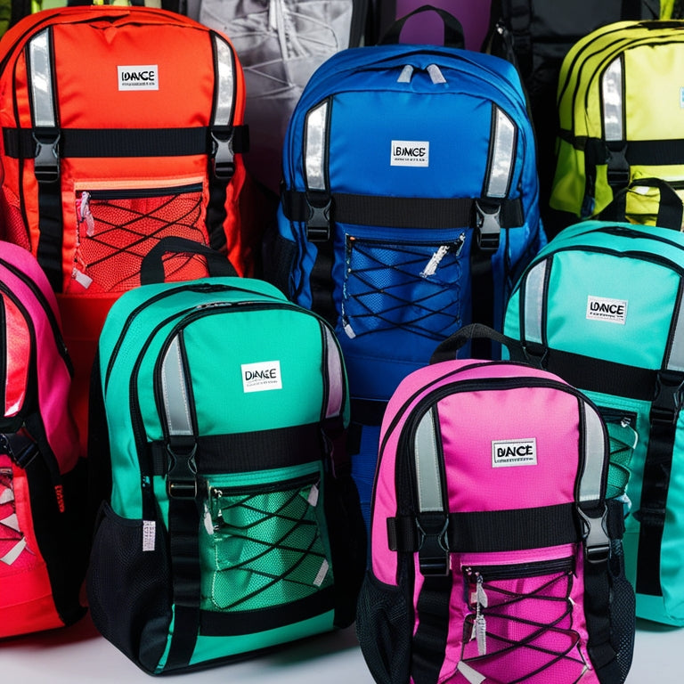 A colorful, clutter-free background featuring a collection of vibrant dance backpacks in various shapes, sizes, and colors, each adorned with reflective strips, mesh panels, and shiny buckles.