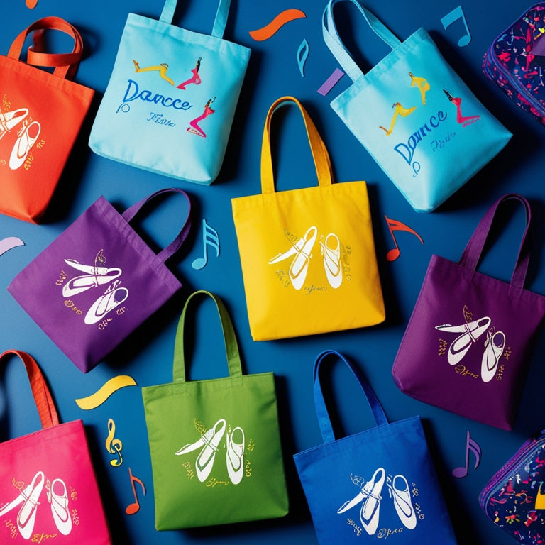A colorful, clutter-free background with a collection of vibrant dance-themed tote bags in various shapes and sizes, each adorned with ballet shoes, musical notes, or dance-inspired patterns.