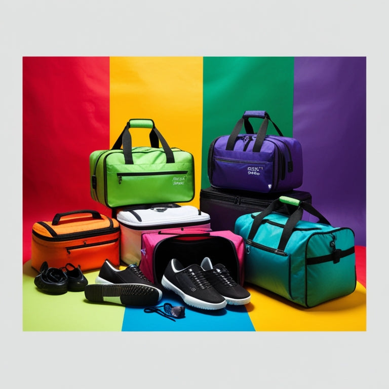 A colorful, clutter-free background with a collection of vibrant dance travel bags in various shapes and sizes, some open, some closed, with dance shoes and accessories spilling out.