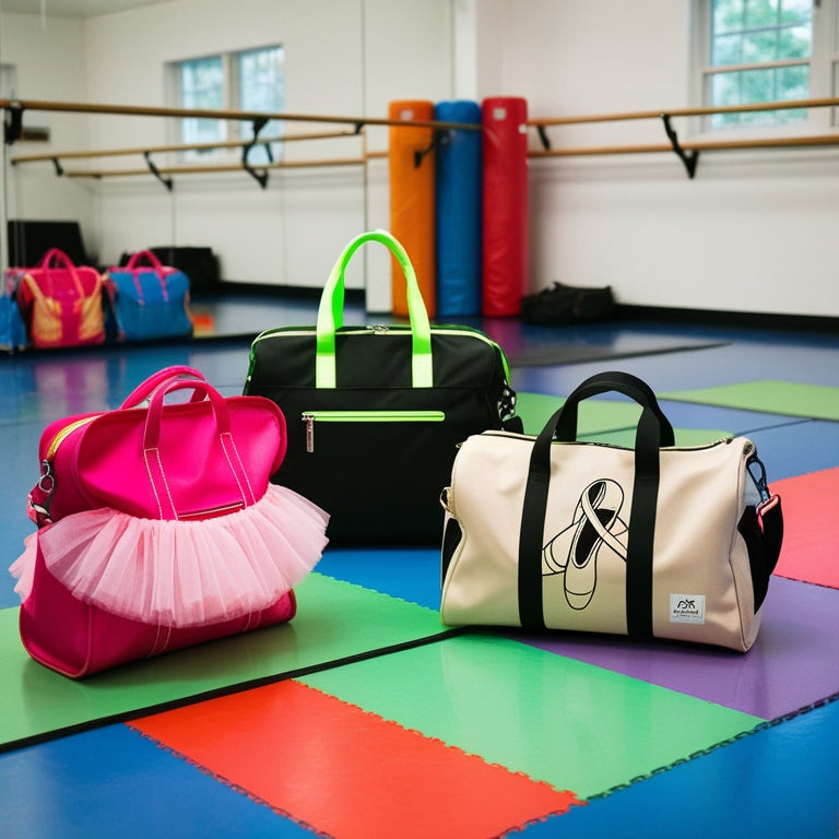 A colorful, clutter-free dance studio with various dance bags in the foreground, including a pink tutu-adorned bag, a black bag with neon green straps, and a beige bag with a ballet shoe print.