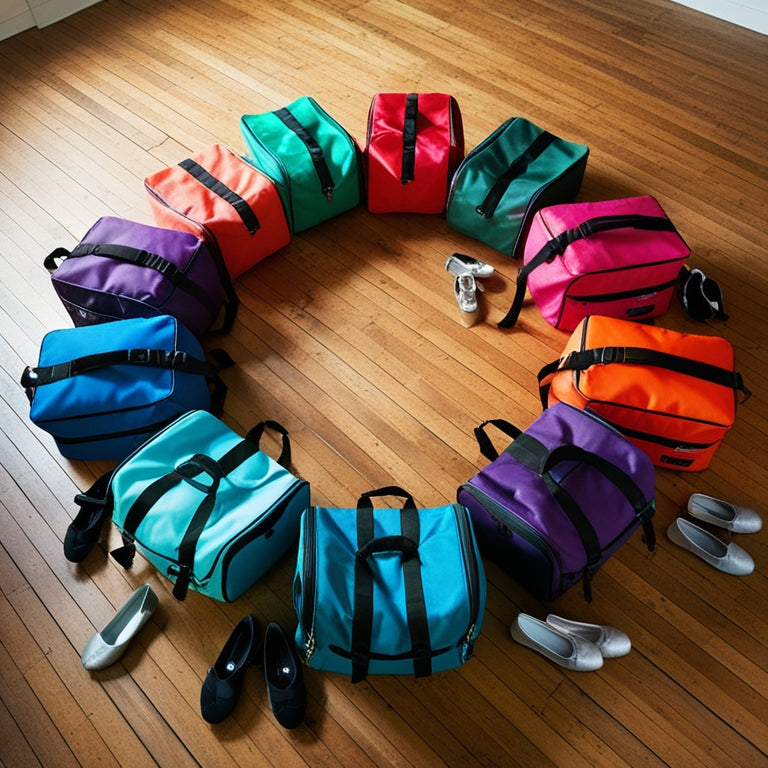 A colorful, clutter-free studio with a wooden floor, featuring a dozen dance duffel bags of various sizes and colors, arranged artfully in a circular pattern, with dance shoes and accessories scattered around.