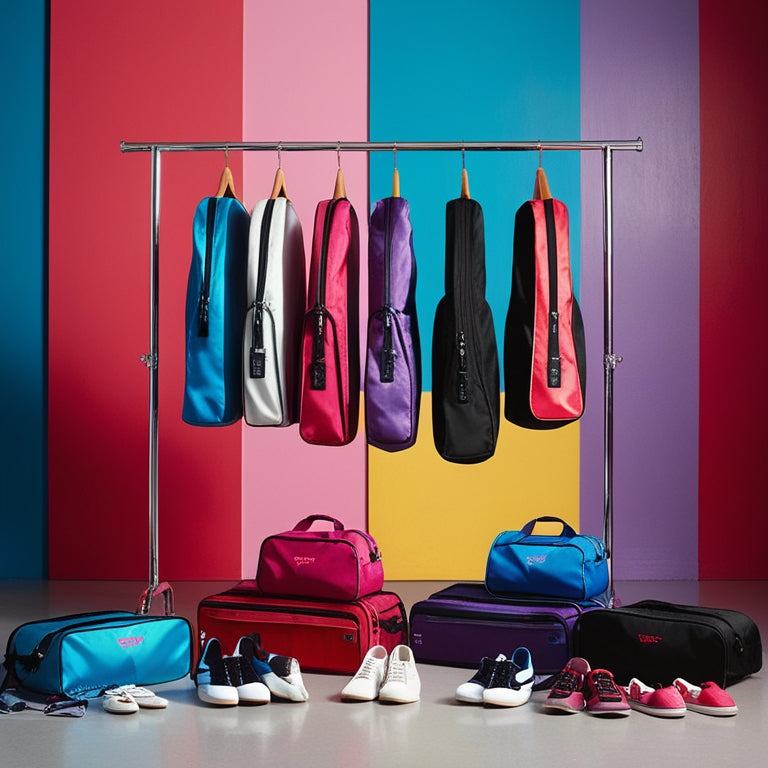A colorful dance studio with a sleek, silver garment rack in the center, holding a variety of dance bags in different styles and colors, with dance shoes and accessories scattered around.