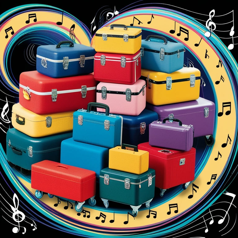 A colorful, dynamic illustration of various dance cases on wheels in different shapes and sizes, stacked and arranged in a whimsical, curved pattern, surrounded by swirls of movement and musical notes.