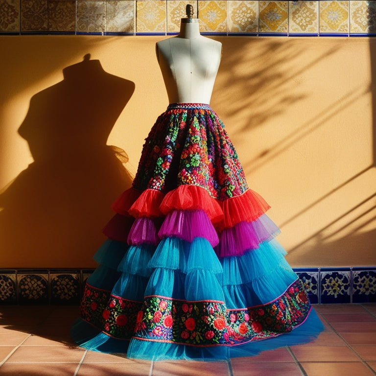 A colorful, flowing Bomba skirt with layers of gathered tulle, adorned with intricate floral embroidery, draped over a vintage mannequin against a warm, sun-kissed background with subtle Spanish tile patterns.