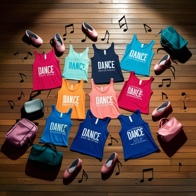 A colorful illustration of various dance-inspired tank tops scattered across a wooden dance floor, surrounded by ballet shoes, dance bags, and musical notes, with subtle lighting and playful shadows.
