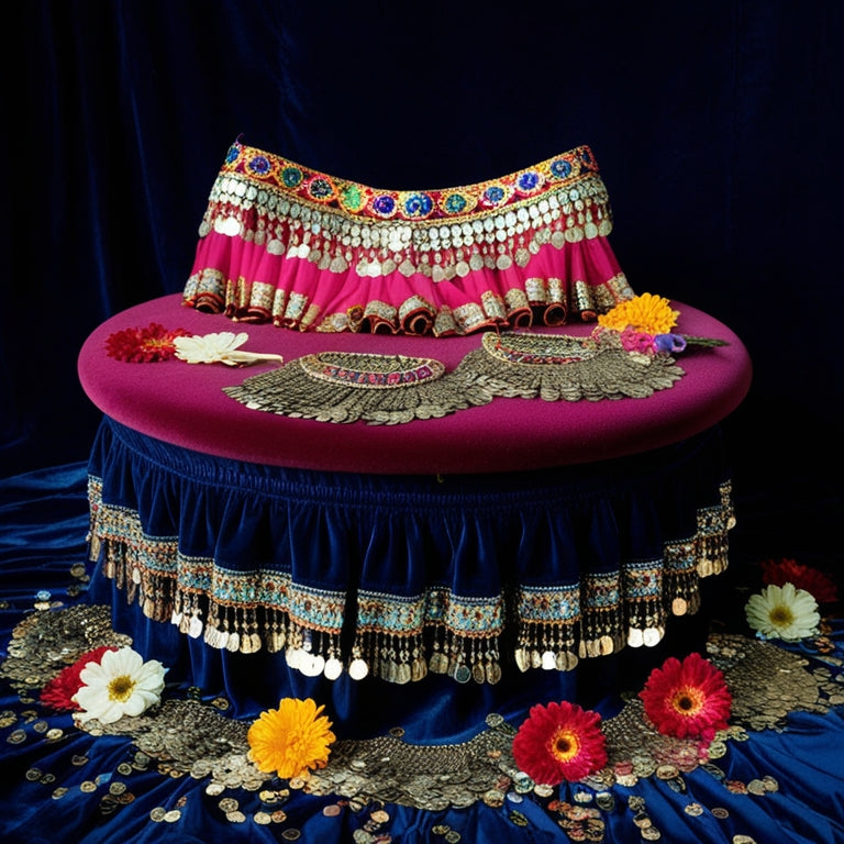 A colorful, ornate belly dance costume lies across a velvet pedestal, surrounded by scattered sequins, intricate coin belts, and layered skirts, with a few strategically placed flowers and feathers.