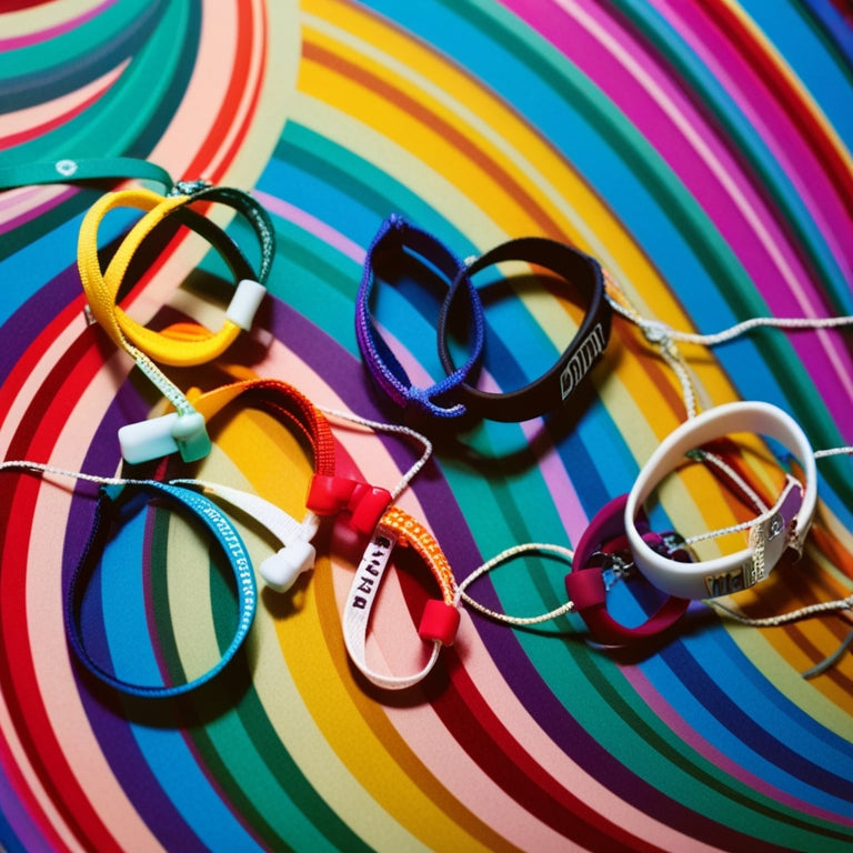 A colorful, swirling background with multiple dance wristbands of varying colors, shapes, and sizes scattered across the image, some overlapping, others dangling from thin strings.