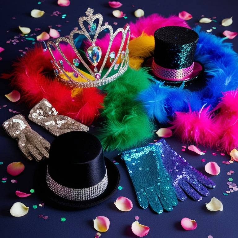 A colorful, whimsical arrangement of dance props, including a glittering tiara, feather boas, sequined gloves, and a top hat, surrounded by scattered rose petals and shimmering confetti.