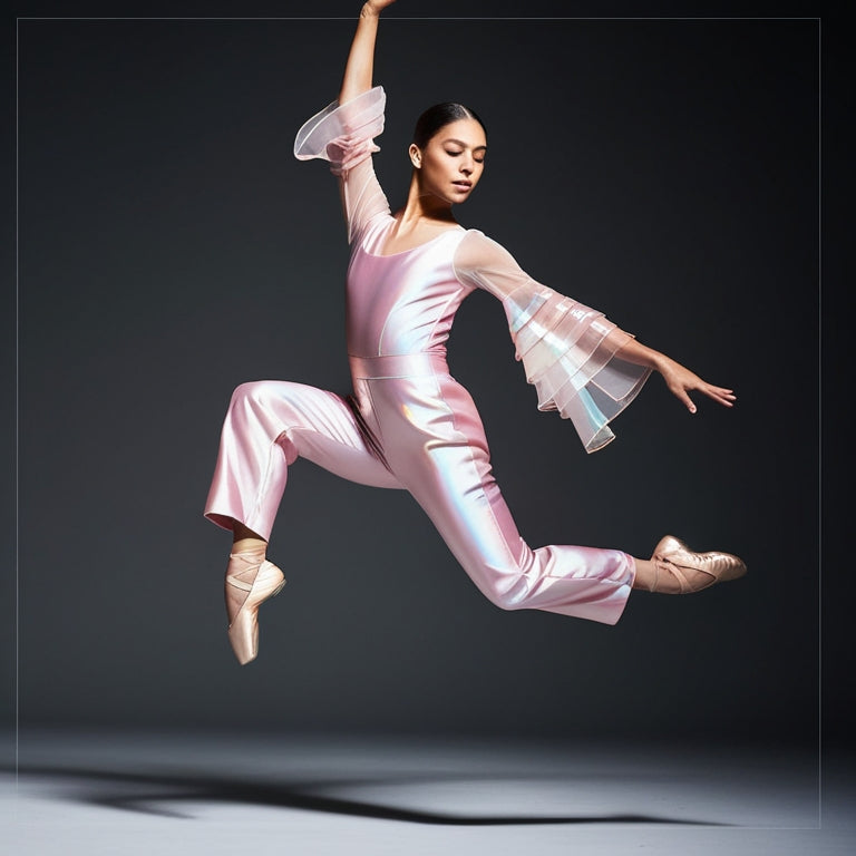 A dancer in mid-leap, wearing a flowing, pastel pink jumpsuit with iridescent fabric and layered, sheer sleeves, against a blurred, dark grey background with subtle, gradient lighting.