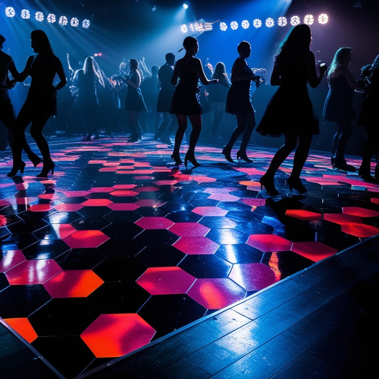 A dark-lit nightclub scene with a crowded dance floor, illuminated by strobing lights, featuring a vibrant, hexagonal-patterned dance floor mat with a glossy finish, surrounded by dancing silhouettes.