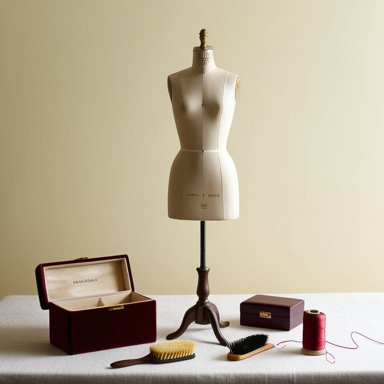 A delicate, antique-style dress form stands against a soft, cream-colored background, surrounded by carefully arranged costume care tools: a velvet-lined box, a soft-bristled brush, and a spool of silk thread.