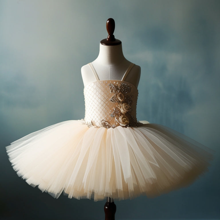 A delicate, ivory-colored tutu with layers of netting and a satin bodice adorned with intricate, hand-beaded flowers, set against a soft, misty blue background with subtle, golden lighting.