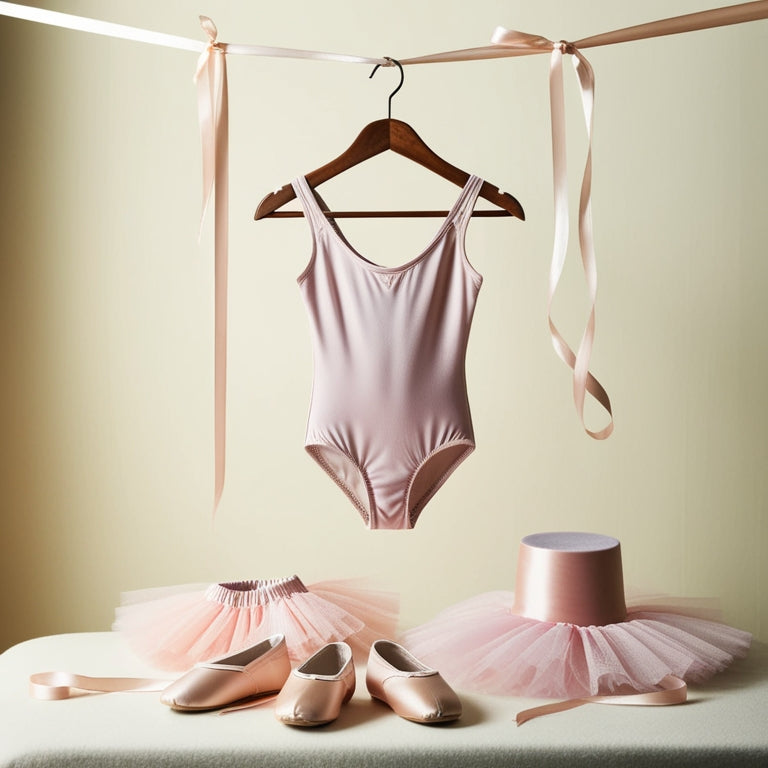 A delicate, pale pink ballet leotard hangs from a wooden hanger, surrounded by ballet shoes, tutus, and a few loose strands of satin ribbon, against a soft, creamy background.
