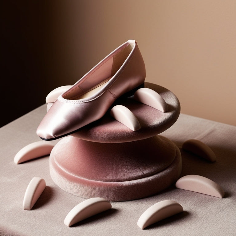 A delicate, pale pink ballet slipper rests on a velvet-covered pedestal, surrounded by 5-7 arch enhancers of varying shapes and sizes, with soft, warm lighting and subtle shadows.