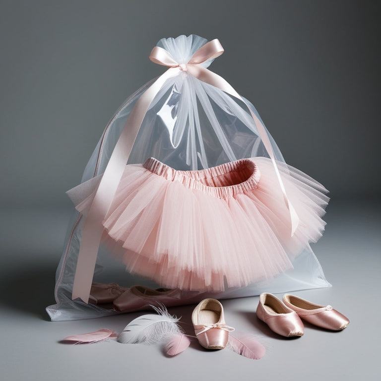 A delicate, pale pink tutu spills out of a transparent garment bag with a satin ribbon tie, surrounded by pointe shoes, dance slippers, and a few loose feathers on a soft, grey background.
