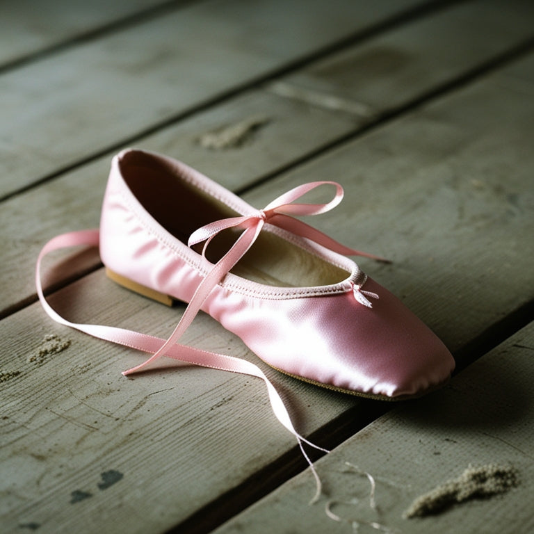 A delicate, satin ballet slipper lies on a worn, wooden floorboard, its soft pink ribbon untied, surrounded by faint, dusty footprints and a few loose, stray threads.