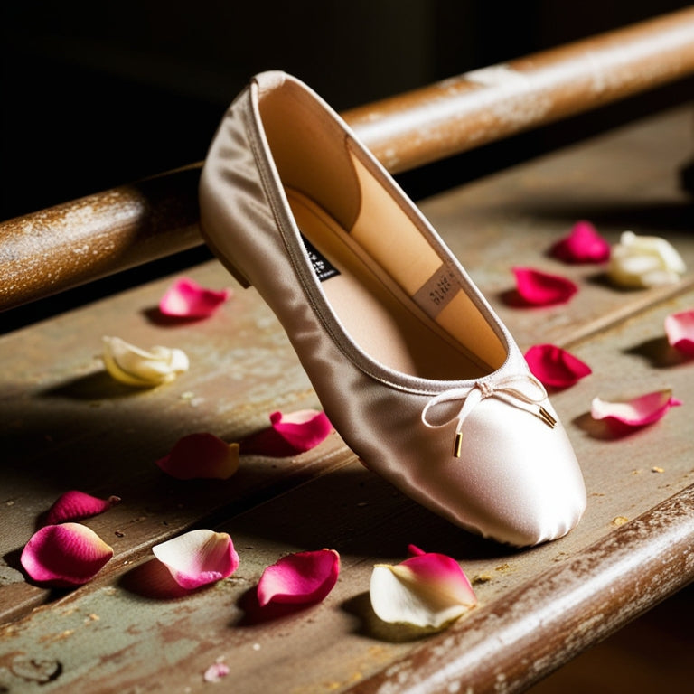 A delicate, satin-covered ballet slipper rests on a worn, wooden ballet barre, surrounded by a scattering of rose petals, with soft, golden light illuminating the scene.