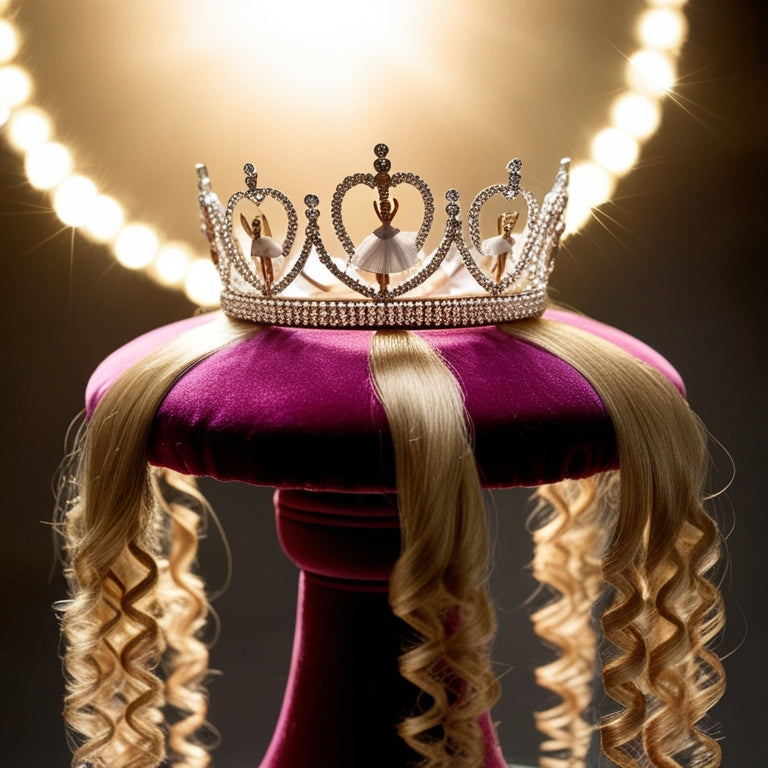 A delicate, sparkling tiara adorned with tiny ballerina figurines rests on a velvet-covered pedestal, surrounded by a halo of soft, golden light and a cascade of flowing, curly hair extensions.