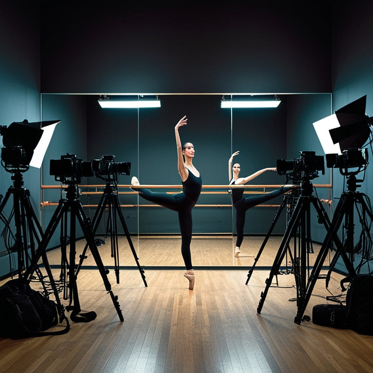 A dimly lit dance studio with a ballet barre, mirrored walls, and a wooden floor. A dancer in mid-pose, surrounded by cameras, tripods, and lighting equipment, capturing their movement from multiple angles.