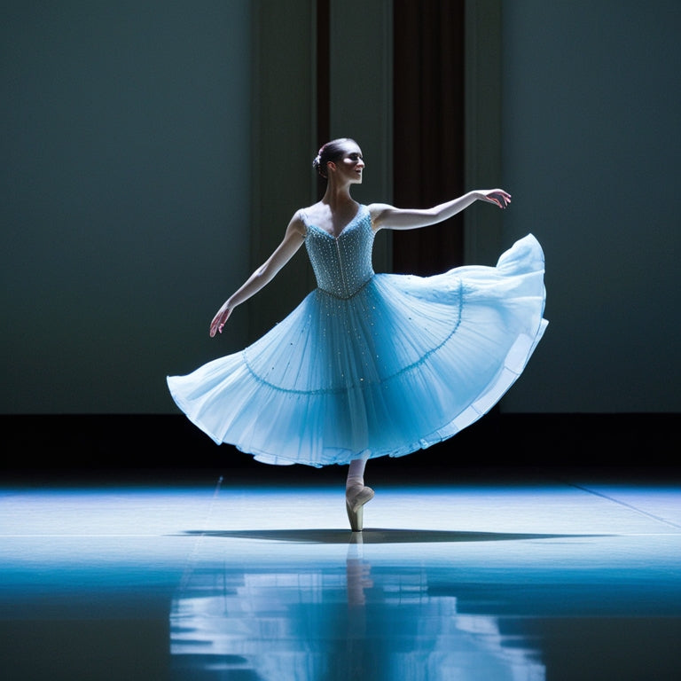 A elegant, spotlit dance floor reflecting a beautiful, twirling ballerina in a flowing, pale blue chiffon gown with delicate sequins and a fitted, beaded bodice.