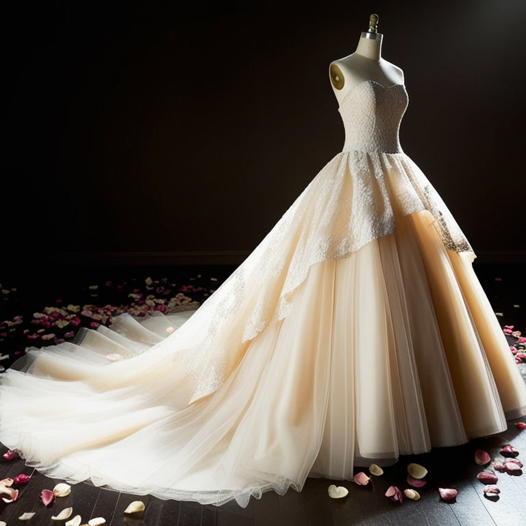 A floor-sweeping, strapless, ivory ball gown with delicate lace overlay, layered tulle, and a flowing train, surrounded by scattered rose petals and dim, golden lighting.