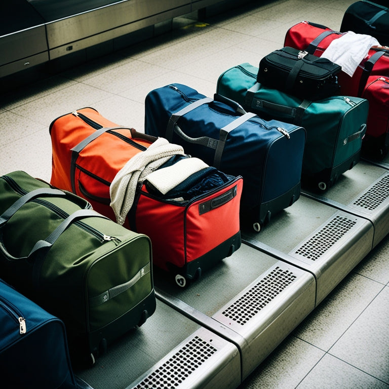A luggage carousel at an airport, with multiple garment duffel bags with wheels in various colors and sizes, some open with clothes spilling out, others closed with zippers and buckles.