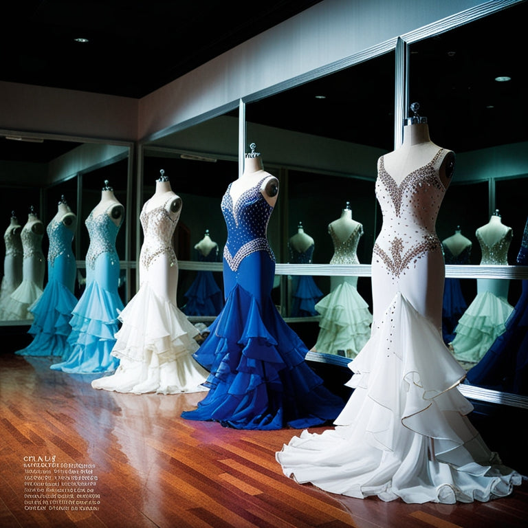 A luxurious, dimly lit dance studio with a row of elegant ballroom dance dresses on mannequins, adorned with intricate embroidery, beading, and flowing chiffon, surrounded by mirrored walls and a polished wood floor.