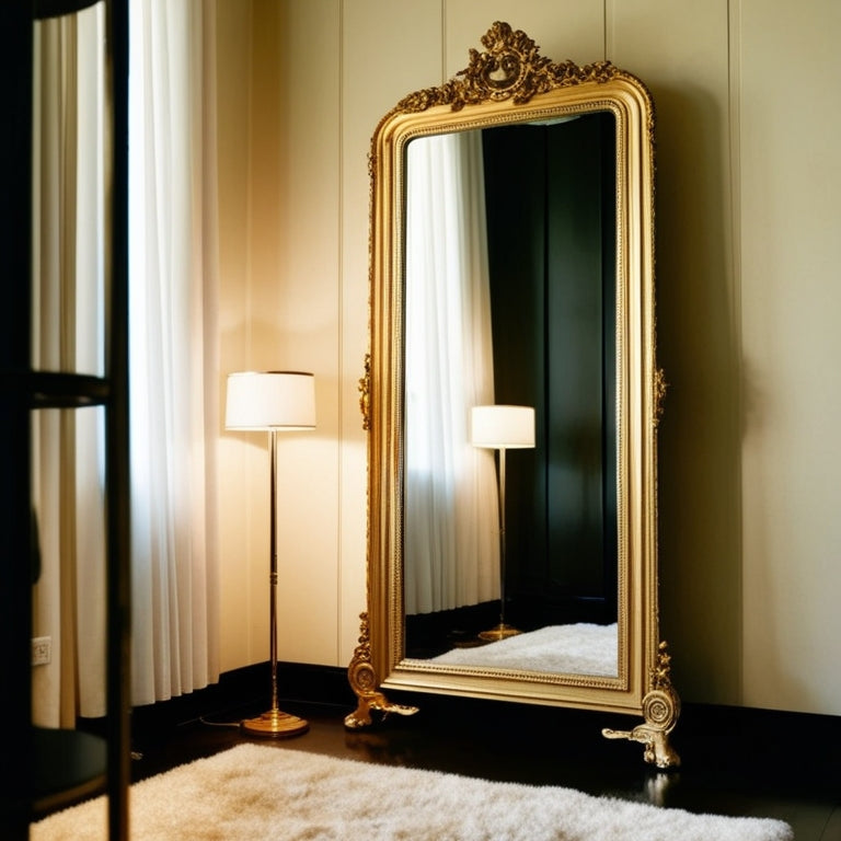 A luxurious dressing room with a large, ornate, gold-framed full-body mirror standing against a cream-colored wall, surrounded by dimmed floor lamps and a plush area rug.