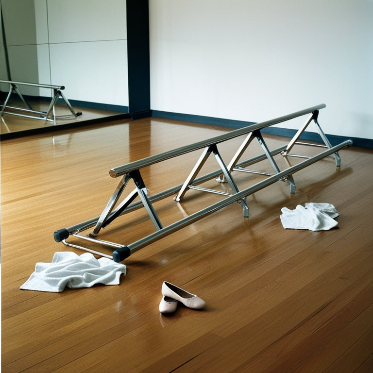 A minimalist dance studio with polished wooden floors, mirrored walls, and a row of sleek, silver folding ballet barres, partially collapsed, with a few ballet shoes and towels scattered around.
